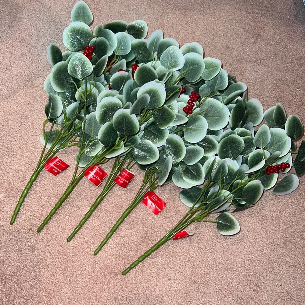 NWT 5pc Greenery & Red Berry Bush Artificial Floral arrangements sticks